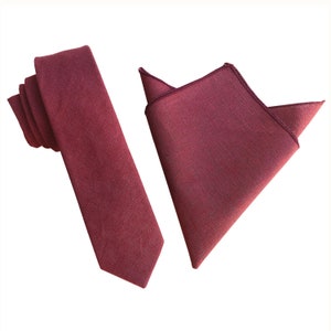 Burgundy Maroon Red Linen blend Skinny Tie and matching pocket square 2pc Set Wedding Ties