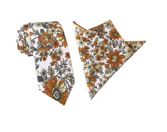 Orange Sunflower 6.5cm Skinny Tie Ties Mens Floral Neckties Cotton Necktie with matching Pocket Squares Handkerchiefs