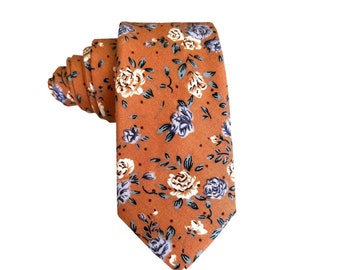 Burnt Orange with white Floral Skinny Tie | Pocket Square| floral tie | flower necktie | Rust Bow tie |wedding rose tie |groomsmen