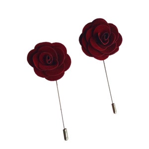 Burgundy Velvet Rose Flower Lapel Pin Men Wedding Accessories Brooches Pin,Groomsmen Boutonniere Fashion Wedding Tuxedo Suit Pin