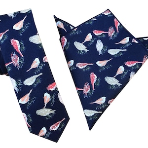 Dark Navy Blue with Animal Prints Sparrow 6.5cm Skinny Ties Cotton Neckties With Matching Pocket Squares Cotton Handkerchiefs