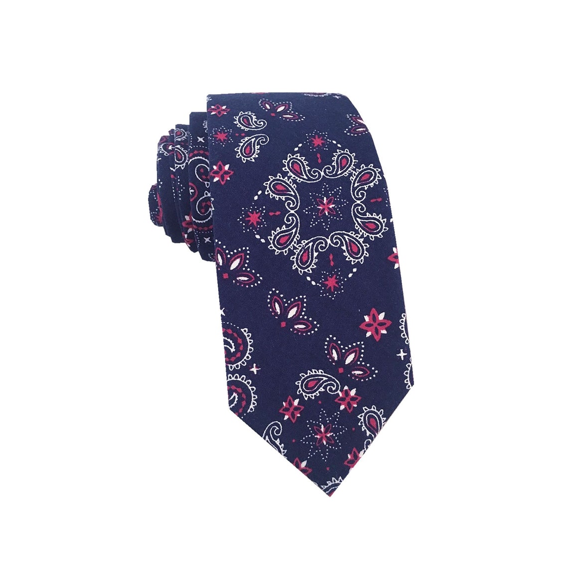 Navy Blue Paisley Skinny Tie With Matching Pocket Square Set | Etsy