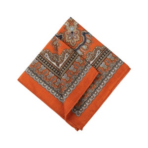 Orange Paisley Pocket Square, Rusty Brown Wool Pocket Square, Pocket Squares For Men