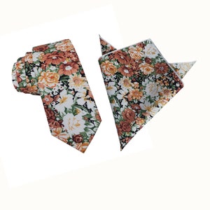 Orange with white Green Floral Skinny Tie | matching Pocket Square Set| floral tie | Orange flower nectie | wedding rose tie |groomsmen