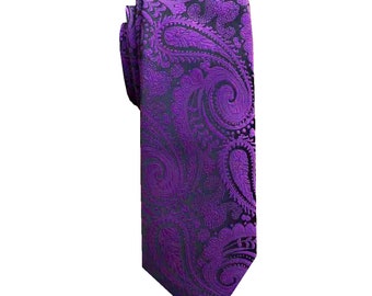 Black with Purple Paisley Skinny Tie with matching pocket square, Men's Skinny Tie, Mens Tie, Wedding Tie, Grooms Skinny Tie, Groomsmen Ties