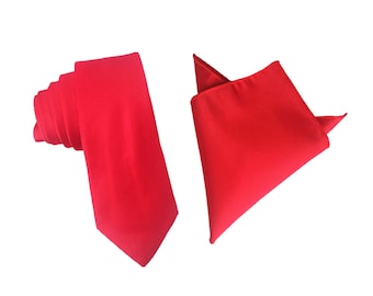 Scarlet Wedding Tie, Satin Tie & Pocket Square Set, Men's Necktie Cherry Red, Men's Pocket Square Peach, Wedding Gift