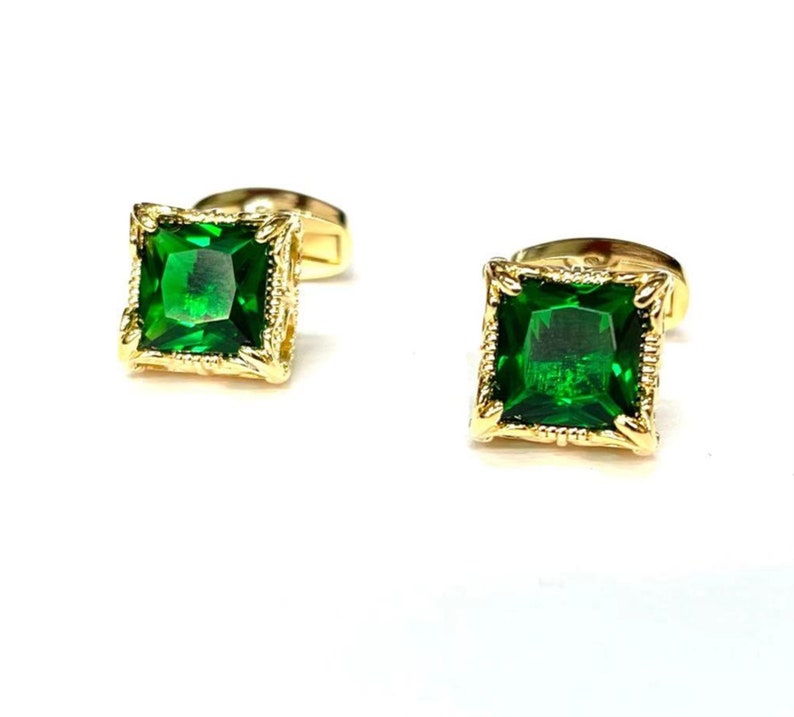 Emerald Green Gemstone Cuflinks Gold Cuff links Wedding Cuff links Birthday Gift Father's Day Gift image 2