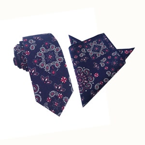 Navy Blue Paisley Skinny Tie with matching Pocket Square Set| floral tie | Navy flower nectie | wedding Paisley tie |groomsmen