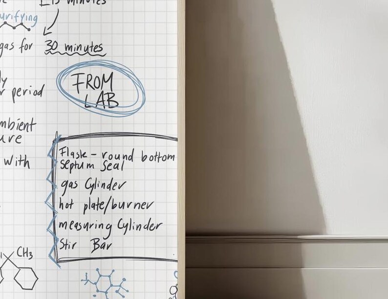 Puede incluir: Una pizarra blanca de borrado en seco con instrucciones escritas a mano para un experimento cient&iacute;fico. Las instrucciones incluyen "Flask - round bottom Septum Seal", "gas Cylinder", "hot plate/burner", "measuring Cylinder", "Stir Bar" y "FROM LAB".