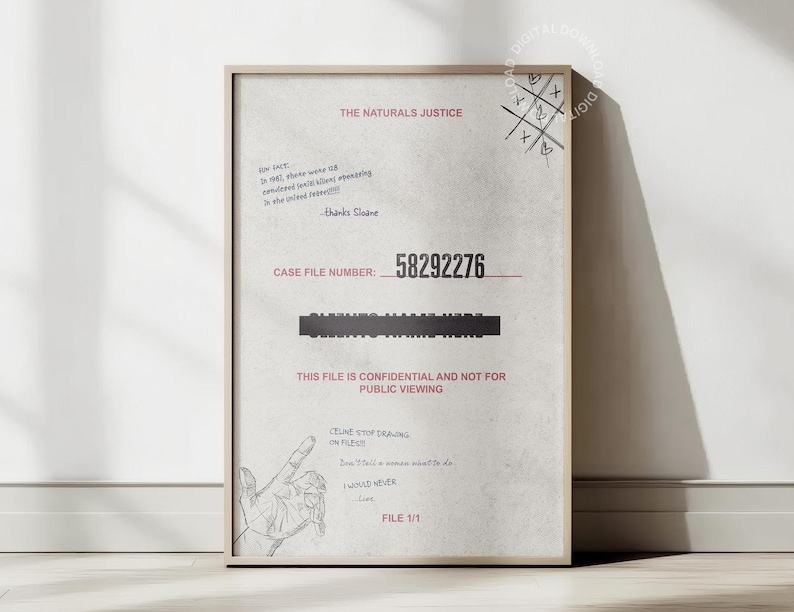 K&ouml;nnte beinhalten: Ein schwarz-wei&szlig;es Poster mit dem Titel "The Naturals Justice" und einer Aktennummer 58292276. Das Poster hat eine handschriftliche Notiz mit dem Text "Diese Datei ist vertraulich und nicht f&uuml;r die &ouml;ffentliche Ansicht bestimmt".