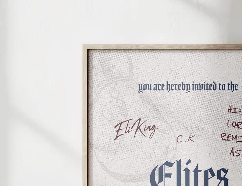 May include: A framed invitation with the text "You are hereby invited to the Elites" with the signature "Eli King" and the initials "C.K."