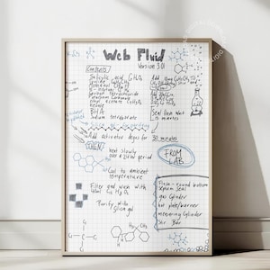 Puede incluir: Una pizarra blanca con instrucciones escritas a mano para hacer "Web Fluid" versi&oacute;n 3.01. Las instrucciones incluyen una lista de ingredientes, pasos y equipos necesarios. La pizarra est&aacute; etiquetada como "From Lab" en la esquina inferior derecha.