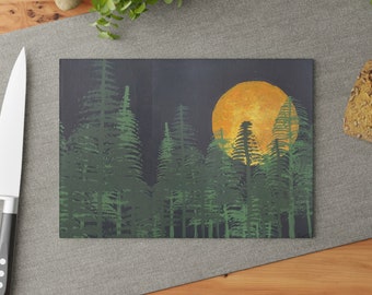 Hand-painted Night Moon Trees Glass Cutting Board