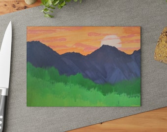 Mountain Sunset Hand-painted Design Glass Cutting Board