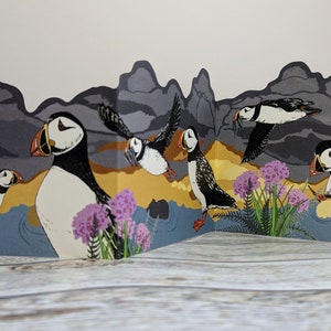 Concertina Puffin Card, Folded Puffin Double Sided Card, Wildlife Cut Paper Card UK, Set of Blank Cards image 1