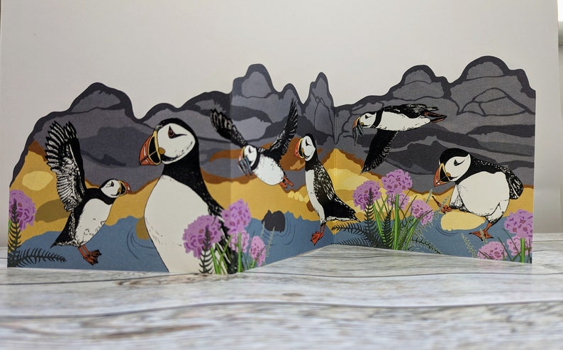 Concertina Puffin Card, Folded Puffin Double Sided Card, Wildlife Cut Paper Card UK, Set of Blank Cards image 1
