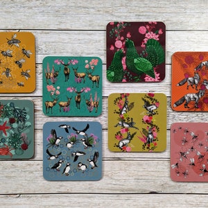 Coasters,  Mix and Match Square Coasters , Handmade Hand Drawn Animal Coasters, Wildlife Drinks Mats UK, Puffin, Bee
