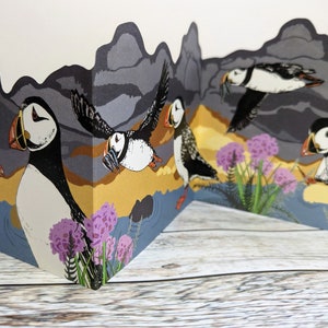 Concertina Puffin Card, Folded Puffin Double Sided Card, Wildlife Cut Paper Card UK, Set of Blank Cards image 2
