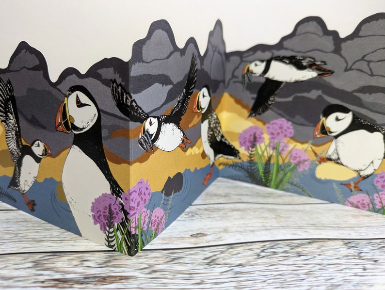 Concertina Puffin Card, Folded Puffin Double Sided Card, Wildlife Cut Paper Card UK, Set of Blank Cards image 2
