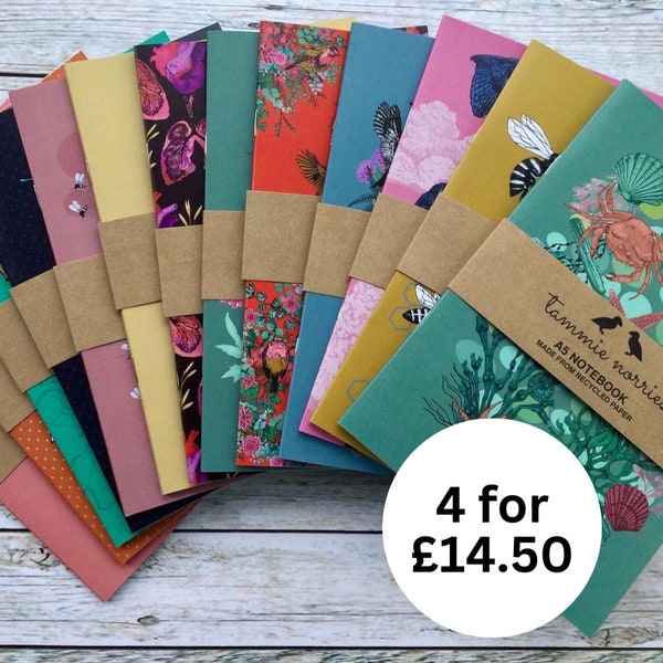 4 Notebooks, A5 Notebook Set, Recycled Paper Journals, Pick and Mix Notebooks UK, Animals, Wildlife, Puffin, Bee, Owl Journal, Plain Paper