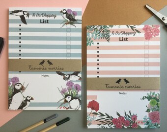 A5 To Do - Shopping List Notepad - Recycled Paper Puffin and Flower Notepads - To Do Notepad - Lists Notebook