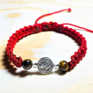 Red Saint Benedict Bracelet | Tiger's Eye, Silver Charm, Protection