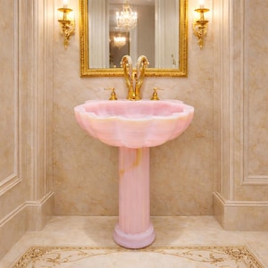 Handcrafted Pink Onyx Pedestal Sink – Luxury Hotel Style Bathroom Statement Piece
