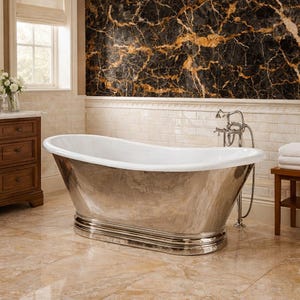 Nickel Exterior & White Enamel Interior Copper Bathtub