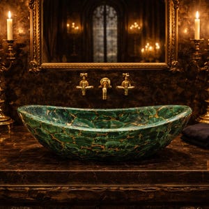 Oval Malachite Vessel Sink with Golden Joints – Handmade Luxury Basin
