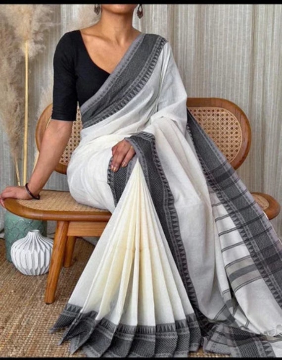 Pure Khadi Cotton Handloom Saree With Blouse Piece Black u0026 - Etsy Singapore
