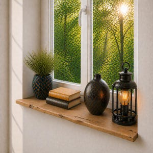 May include: A rustic wooden windowsill displays a decorative arrangement. A blue and gold patterned vase holds greenery. Two books with tan and dark covers sit beside a textured brown vase and a black lantern with a lit bulb. The window offers a view of a sunlit forest.