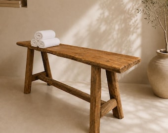 Panca rustica in legno di teak antico – Panca da bagno in teak recuperato fatto a mano – Panca da ingresso in legno massello – Teak di Giava sostenibile – Per interni ed esterni