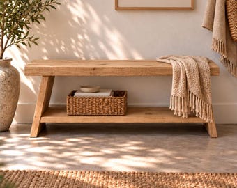 Banc en chêne massif européen de 42 mm d'épaisseur, disponible en plusieurs longueurs, fabriqué à la main pour la cuisine et l'entrée, raboté et poncé, finition chêne naturel.