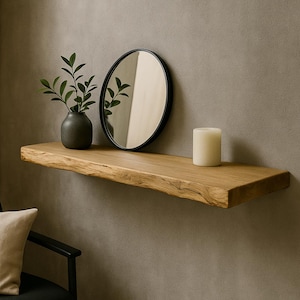 Solid Oak Floating Shelf 42mm | Rustic European Oak, Smooth Sanded Live Edge | Hidden Brackets | Handmade Wall Shelf