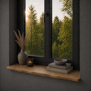May include: A window ledge with a rustic, light brown wooden surface. A gray vase with dried plants, a small candle in a glass holder, and two books are arranged on the ledge. A stone bowl sits atop the books. The window frame is black.