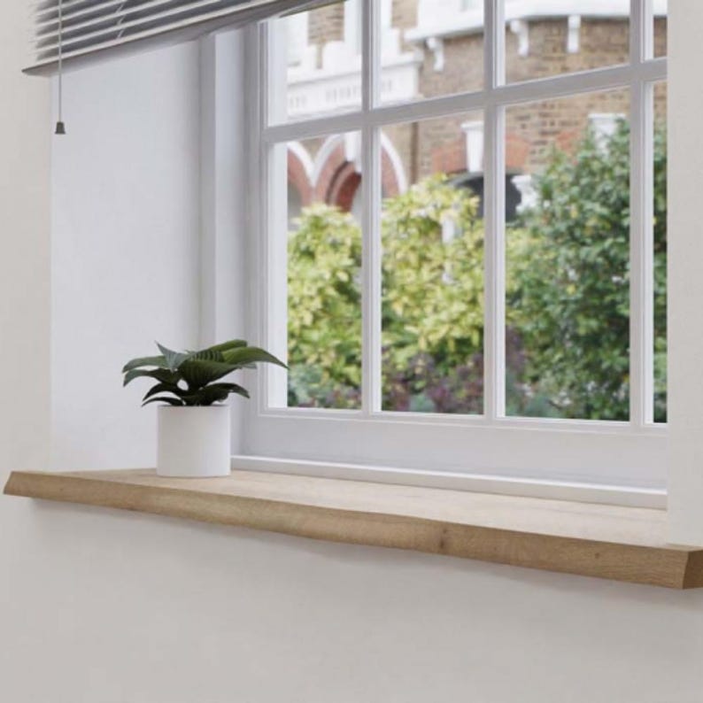 May include: A white-walled interior with a window featuring a wooden sill. A small potted plant with dark green leaves sits on the sill. The window has a white frame and a view of greenery and a building.