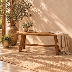 Rustic Old Teak Wood Bench – Handmade Reclaimed Teak Bathroom Bench – Solid Wood Entryway Bench – Sustainable Java Teak – Indoor Outdoor