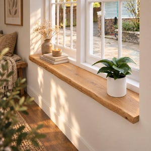 Op de afbeelding: Een vensterbankplank van hout met een natuurlijke rand en een lichtbruine houtnerf. Op de plank staat een witte keramische pot met een groene plant, een stapel van twee boeken en een kleine beige kaars in een glazen houder.