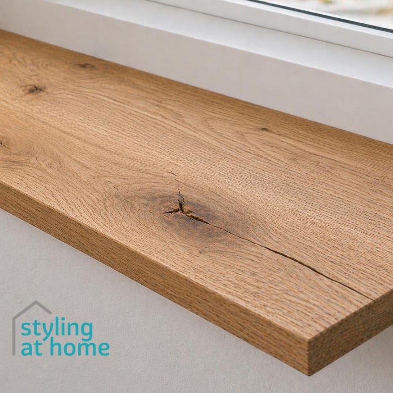May include: A rectangular, light brown wooden shelf with a natural wood grain pattern. The shelf is positioned beneath a white window frame. The wood has a knot and a crack, adding to its rustic charm. The logo "styling at home" is in the bottom left corner.