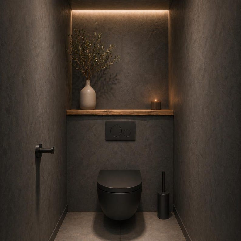 May include: A modern, minimalist bathroom interior with a black toilet, flush plate, and accessories. A wooden shelf holds a vase with greenery and a lit candle. The walls are dark gray with a textured finish, and the space is illuminated by warm lighting.