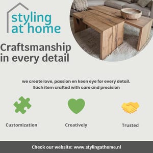May include: The image showcases two wooden coffee tables with a natural finish, alongside a wooden bowl. The text reads "styling at home" and "Craftsmanship in every detail." Additional text includes "Customization," "Creatively," and "Trusted."