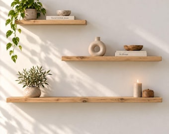 Solid Oak Floating Shelf 42mm | Rustic European Oak, Smooth Sanded | Hidden Brackets | Straight Edge Handmade Wall Shelf