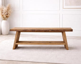 Solid Reclaimed Oak Bench Custom Size 45mm – Handmade Old Wood Kitchen & Entryway Bench – Rustic Brushed Finish