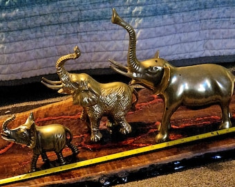 Vintage Solid Brass Elephant Figurine Set of (3) 'Trunk Up for Good Luck' Elephants