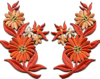 Orange red daisies pair flowers floral bouquet boho applique iron-on patch S-725