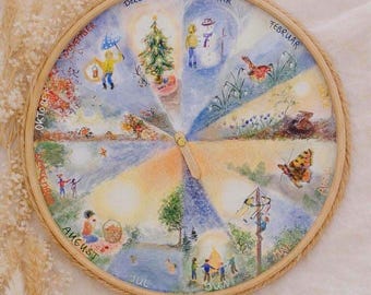 Perpetual Seasons Learning Calendar in Clock Format – Watercolor Waldorf Montessori, Interactive Wall Decoration for Children
