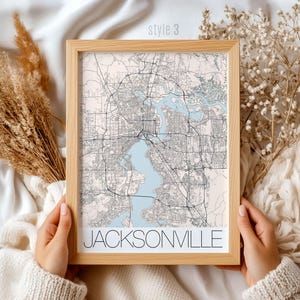 Impression de carte de Jacksonville en Floride : art mural détaillé de la ville, décoration d'intérieur de style vintage, cadeau de voyage, affiche de carte côtière nautique