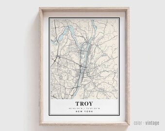 Impresión del mapa de Troy, NY - Póster de la ciudad de Troy, Nueva York - Arte moderno y contemporáneo personalizado