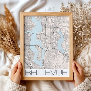 Bellevue Washington-kaartafdruk, aangepaste stadsmuurkunst, uniek cadeau voor reizigers en lokale bevolking, woondecoratie, jubileum of housewarmingcadeau