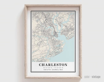 May include: A vintage-style map print of Charleston, South Carolina. The map shows the city's streets and waterways in black and white, with a light blue background for the water. The text "Charleston" and "South Carolina" is printed below the map, along with the city's coordinates.